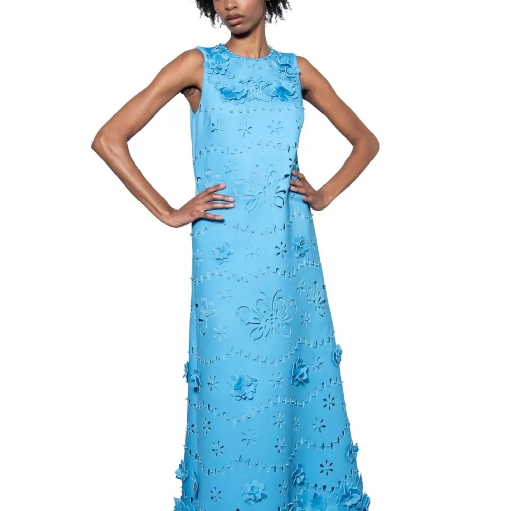 Badgley Mischka Laser Cut Flower Trapeze Gown Size 4 Azure Blue